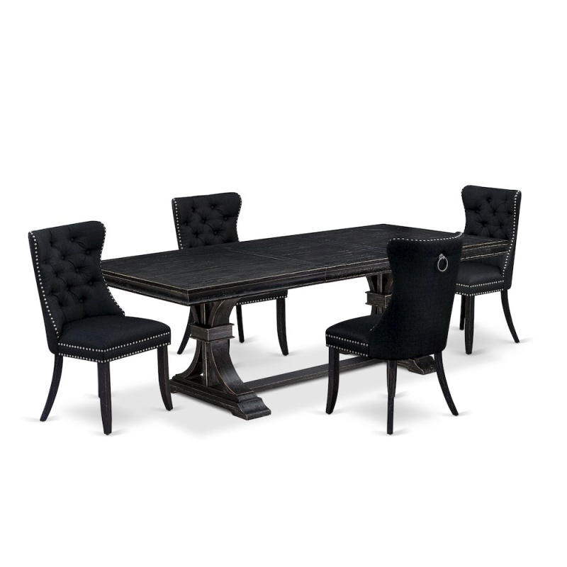 5 Piece Dining Table Set Of A Wooden Table And 4 Linen Fabric Dining Chairs