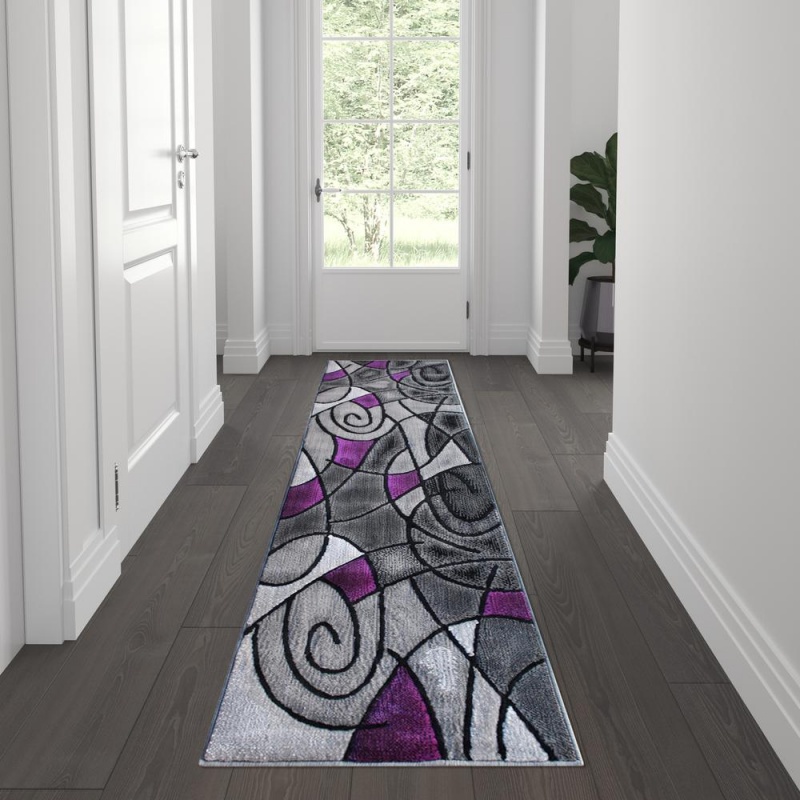 Jubilee Collection 2' X 7' Purple Abstract Area Rug - Olefin Rug With Jute Backing For Hallway, Entryway, Bedroom, Living Room