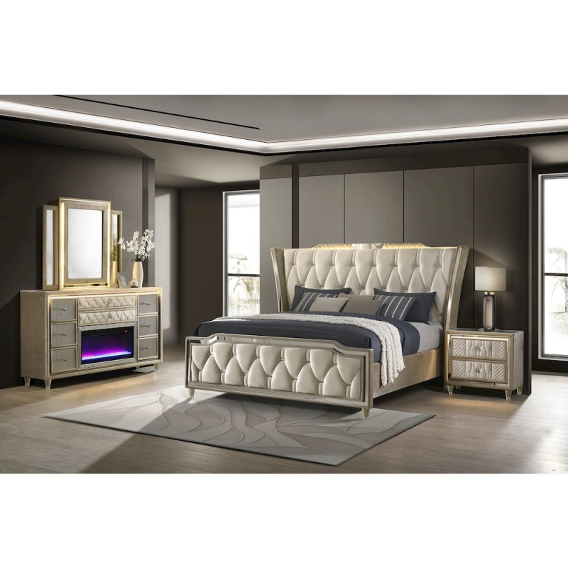 Lorient 4-Piece Eastern King Bedroom Set in Ivory and Camel