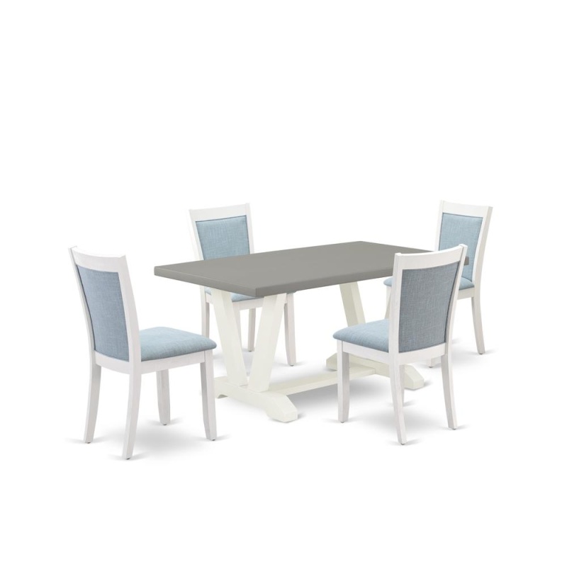 East West Furniture 5-Piece Dinner Table Set Includes A Kitchen Table And 4 Baby Blue Linen Fabric Dining Chairs With Stylish Back - Wire Brushed Linen White Finish