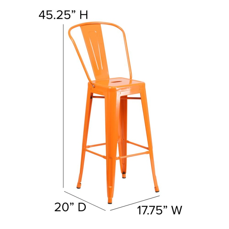 Kai Commercial Grade 30" High Orange Metal Indoor-Outdoor Bar Height Stool With Removable Back And Square Teak All-Weather Poly Resin Seat