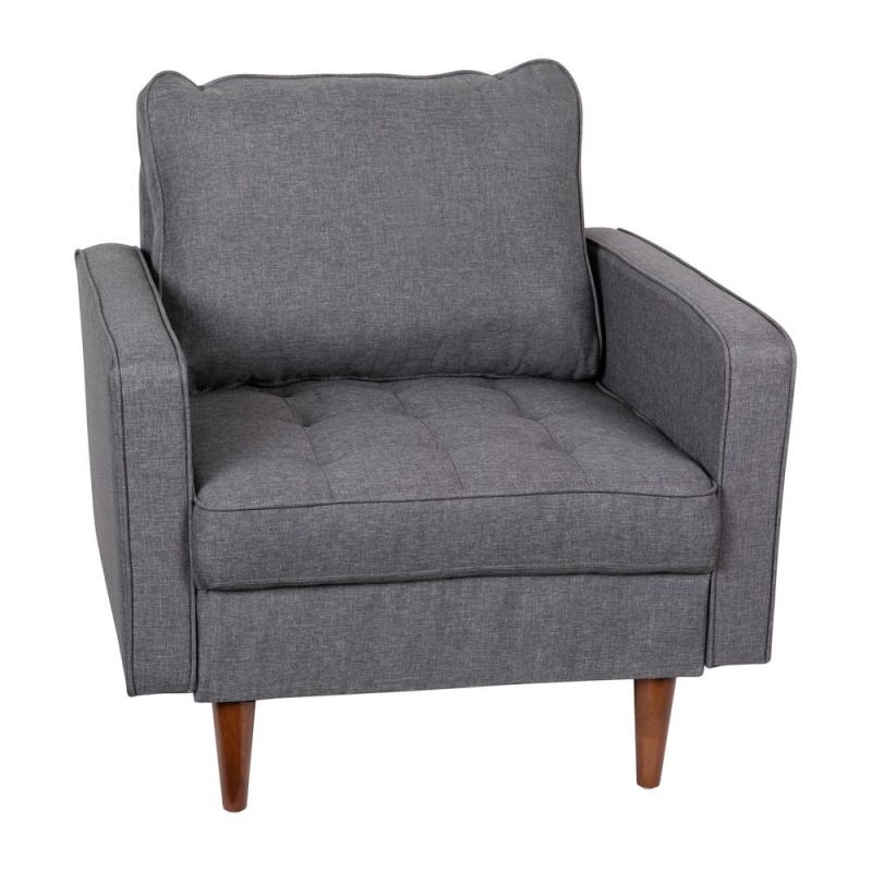 Hudson Mid-Century Modern Commercial Grade Armchair With Tufted Faux Linen Upholstery & Solid Wood Legs In Dark Gray