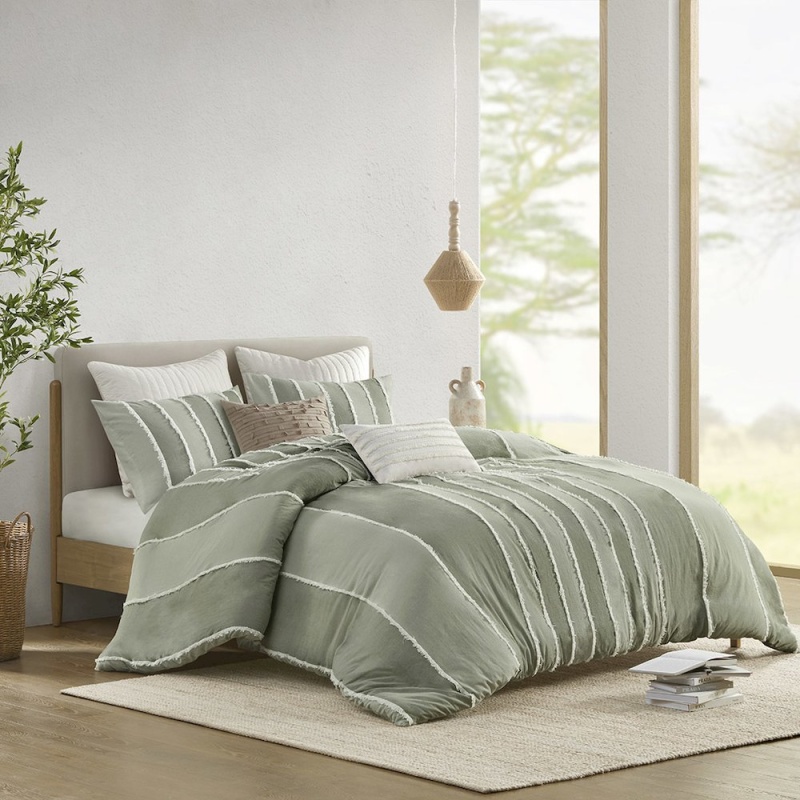 Shay 3 Piece Striped Cotton Duvet Cover Set, Sage Color
