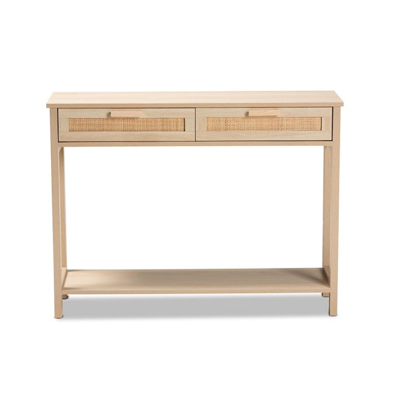 Baxton Studio Sebille Mid-Century Modern Light Brown Finished Wood 2-Drawer Console Table With Natural Rattan