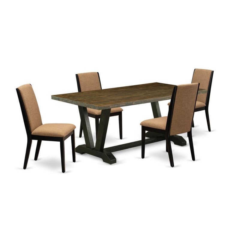 East West Furniture V677la147-5 5-Piece Modern Dining Room Set A Superb Distressed Jacobean Kitchen Table Top And 4 Attractive Linen Fabric Padded Chairs With Stylish Chair Back, Wire Brushed Black Fi
