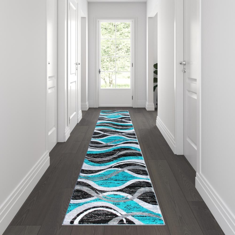 Wisp Collection 2' X 11' Turquoise Rippled Olefin Area Rug With Jute Backing For Entryway, Living Room, Bedroom
