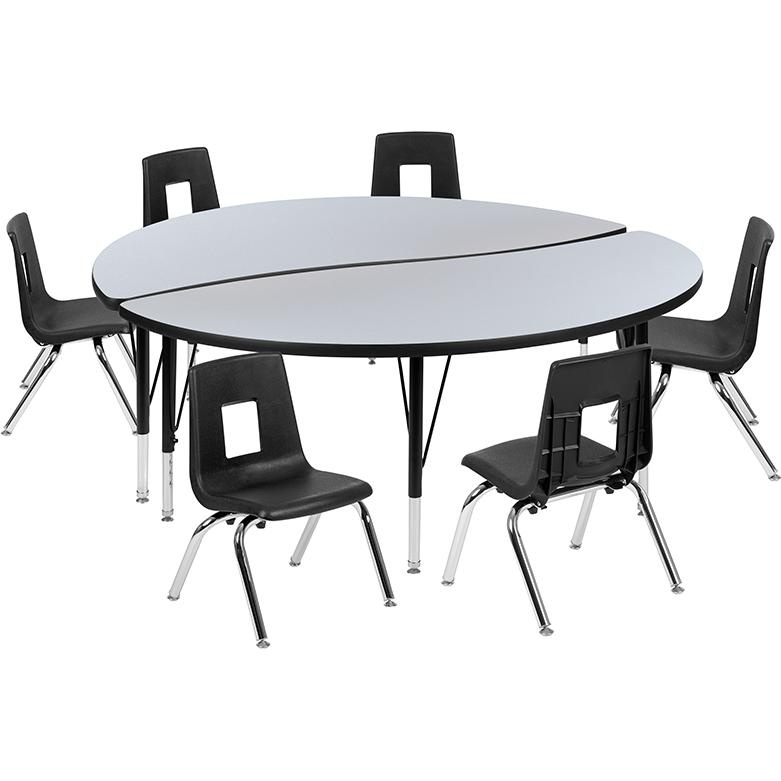 60" Circle Wave Collaborative Laminate Activity Table Set With 14" Student Stack Chairs, Grey/Black