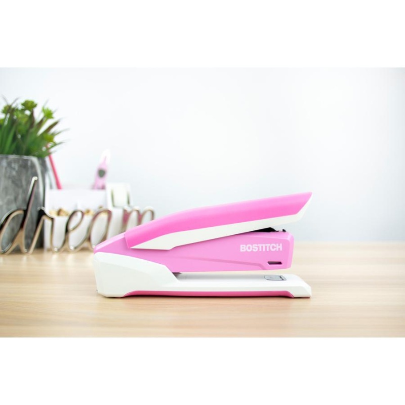 Bostitch Incourage Spring-Powered Antimicrobial Desktop Stapler - 20 Of 20Lb Paper Sheets Capacity - 210 Staple Capacity - Full Strip - 1 Each - Pink, White