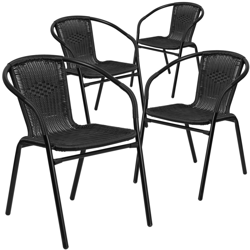 4 Pk. Black Rattan Indoor-Outdoor Restaurant Stack Chair
