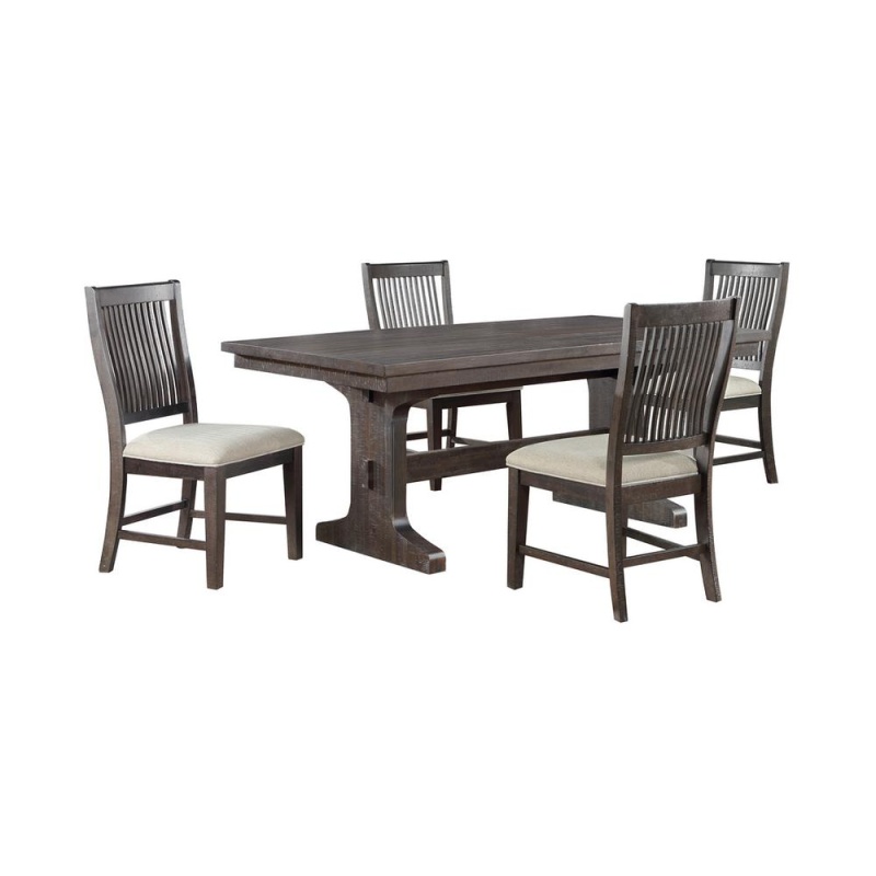 5 Piece Dining Set In Rustic Brown With Beige Linen Side Chairs