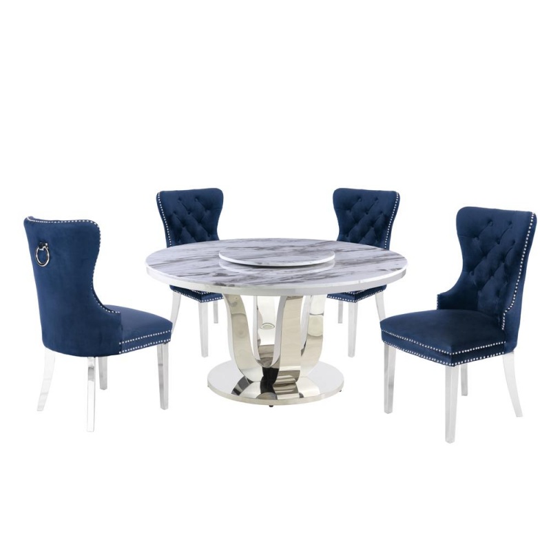 White Marble Round 5 Piece Dining Set Ring Chairs In Navy Blue Velvet - Lazy Susan