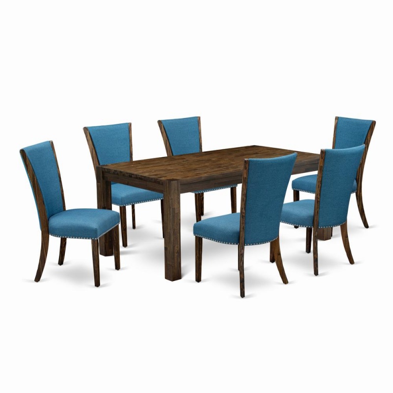 East West Furniture - Lmve7-77-21 - 7-Pc Dining Room Table Set- 6 Kitchen Parson Chairs And Rectangular Table - Blue Linen Fabric Seat And High Chair Back - Distressed Jacobean Finish