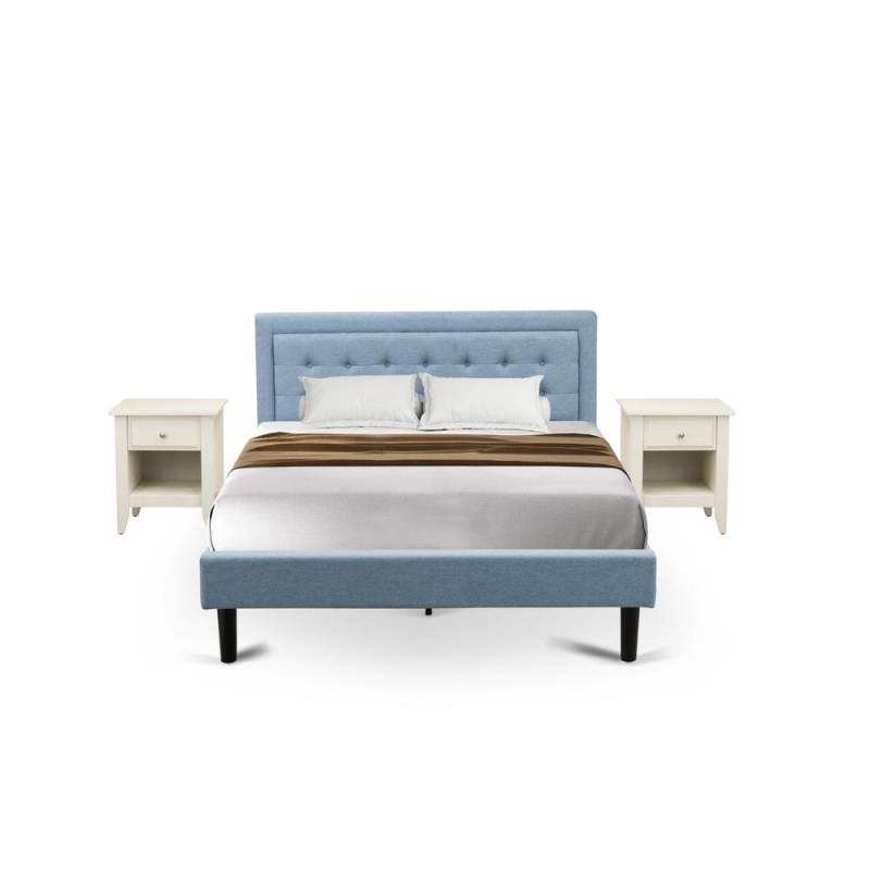 Fn11q-2Ga0c 3-Piece Fannin Queen Bedroom Set With 1 Modern Bed And 2 Night Stands For Bedrooms - Denim Blue Linen Fabric