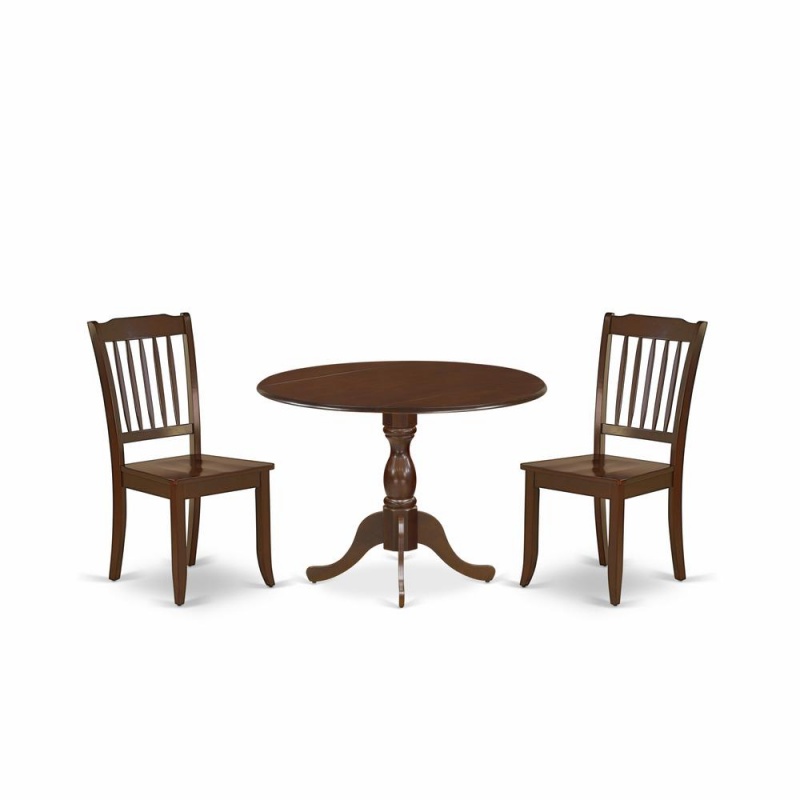 East West Furniture Dmda3-Mah-W 3 Piece Dining Table Set Consists Of 1 Drop Leaves Dining Table And 2 Mahogany Mid Century Dining Chairs With Slatted Back - Mahogany Finish