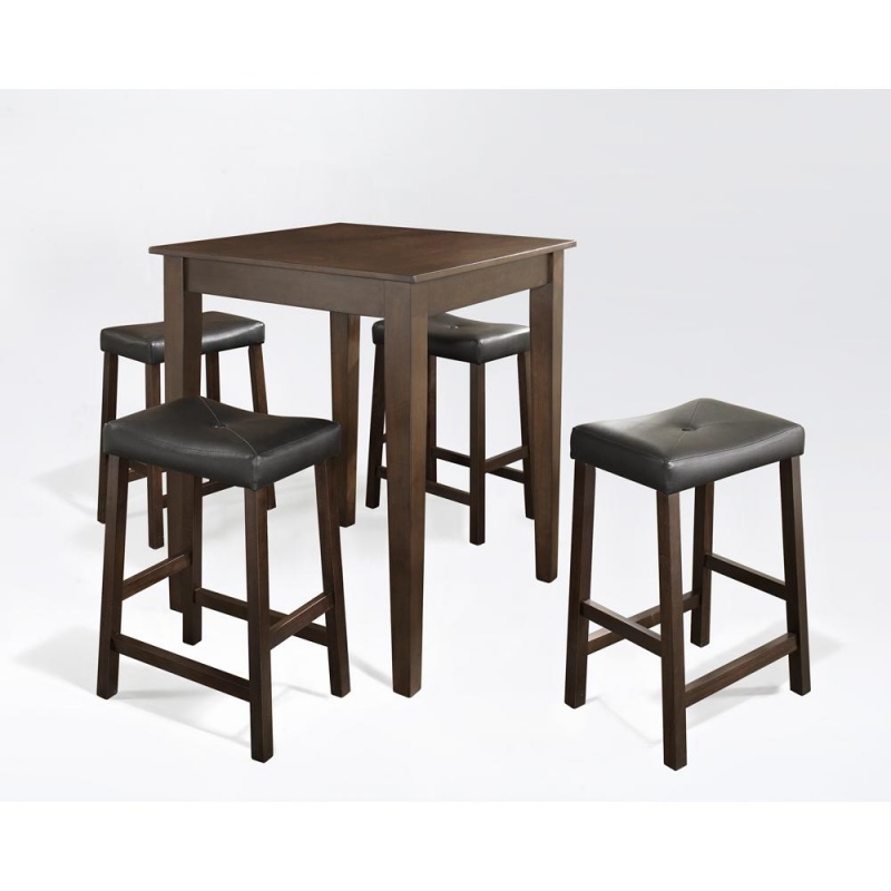 5Pc Pub Dining Set W/Upholstered Saddle Stools Mahogany - Pub Table & 4 Counter Stools
