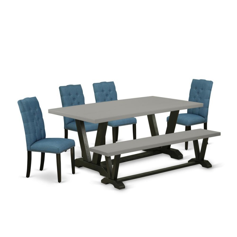 East West Furniture 6-Piece Modern An Excellent Cement Color Wood Dining Table Top And Cement Color Dining Bench And 4 Excellent Linen Fabric Kitchen Chairs With Nail Heads And Button Tufted Chair Bac