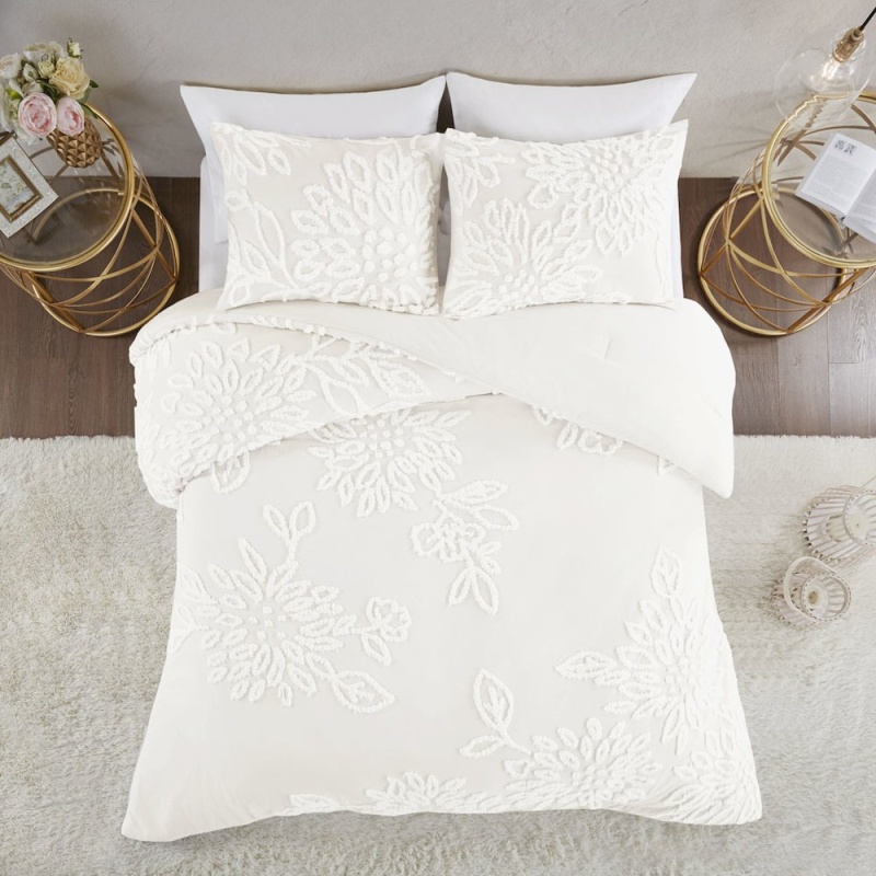 3 Piece Tufted Cotton Chenille Floral Comforter Set