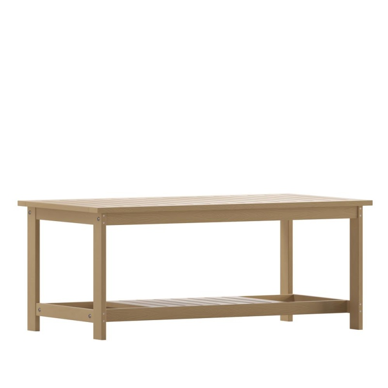 Charlestown All-Weather Poly Resin Wood Two Tiered Adirondack Slatted Coffee Conversation Table In Natural Cedar