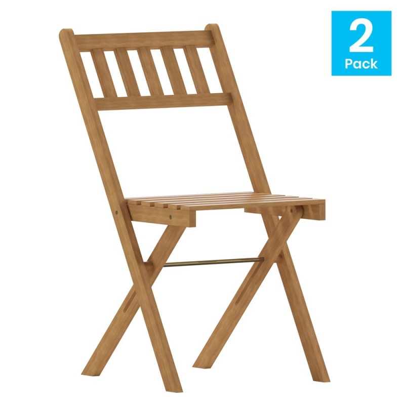Martindale Indoor/Outdoor Folding Acacia Wood Patio Bistro Chairs With X Base Frame And Slatted Back And Seat In Natural Finish, Set Of 2