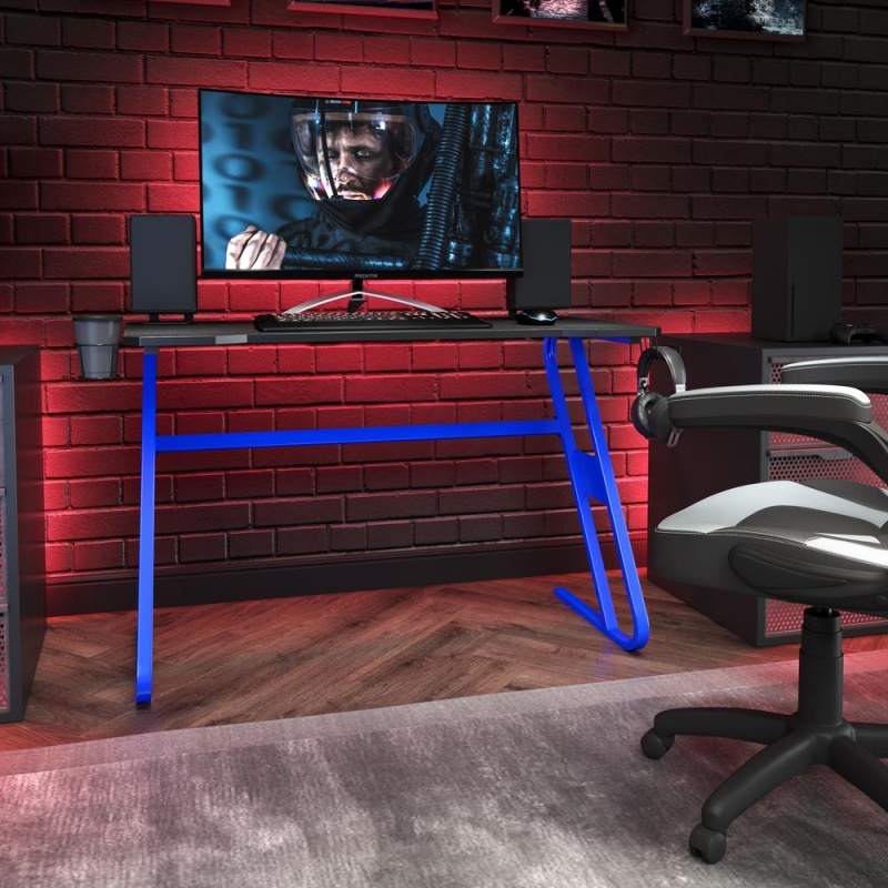 Blue Gaming Ergonomic Desk With Cup Holder And Headphone Hook