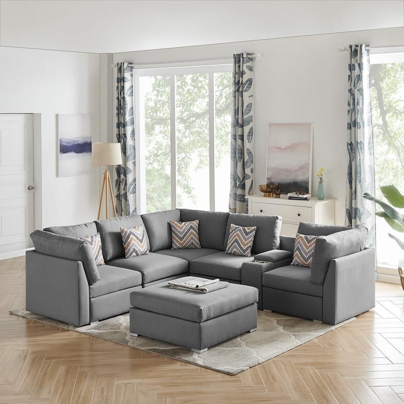 Amira Gray Fabric Reversible Sectional Sofa With Usb Console And Ottoman