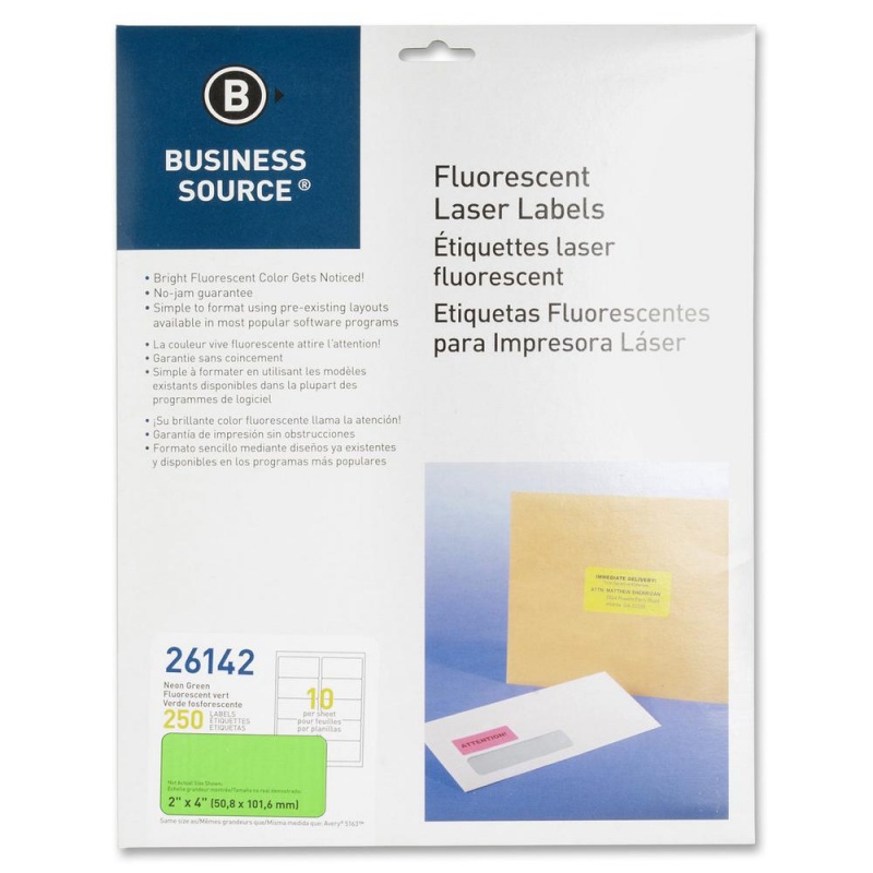 Business Source Neon Labels - 2" Width X 4" Length - Permanent Adhesive - Rectangle - Laser - Neon Green - 10 / Sheet - 250 / Pack - Jam-Free, Pressure Sensitive