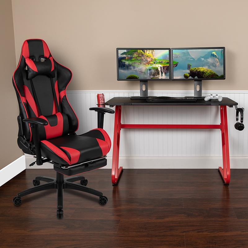 Red Gaming Desk And Red/Black Footrest Reclining Gaming Chair Set With Cup Holder And Headphone Hook