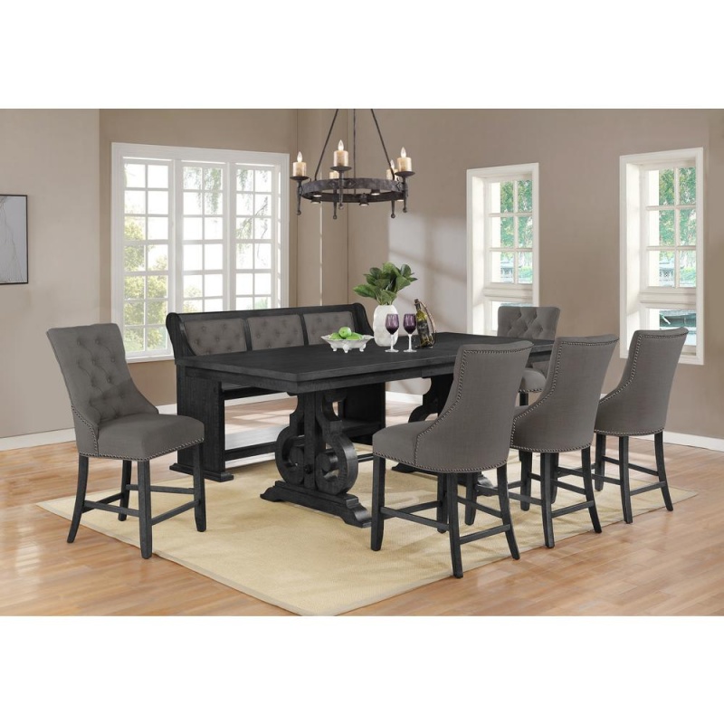 7Pc Counter Height Extendable Dining Set, 5 Chairs & 1 Bench In Dark Grey, Table W/Center 18" Leaf