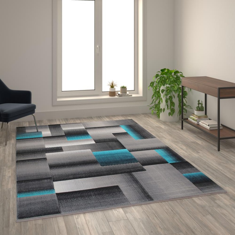 Elio Collection 6' X 9' Turquoise Color Blocked Area Rug - Olefin Rug With Jute Backing - Entryway, Living Room, Or Bedroom