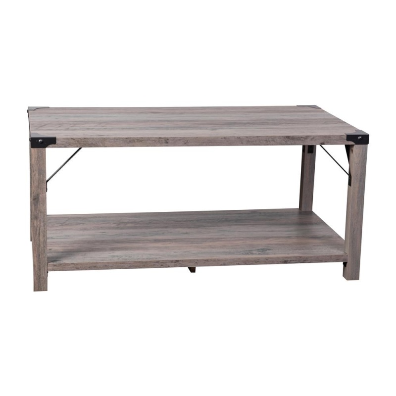 Farmhouse Wooden 2 Tier Coffee Table With Black Metal Corner Accents, Gray Wash