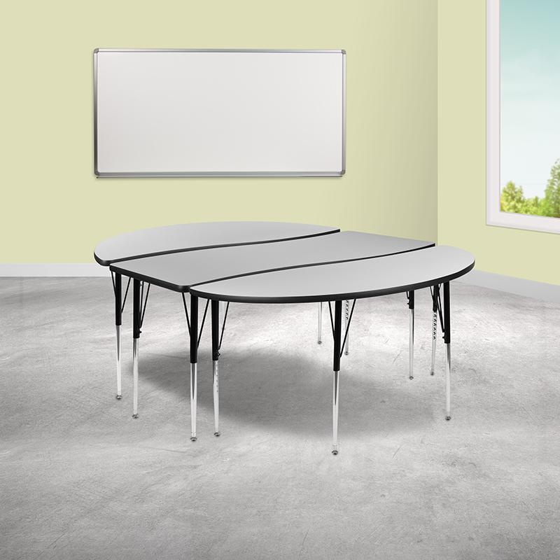 3 Piece 86" Oval Wave Collaborative Grey Thermal Laminate Activity Table Set - Standard Height Adjustable Legs