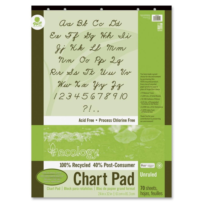 Decorol Recycled Chart Pad - 70 Sheets - Plain - Strip - Unruled - 24" X 32" - White Paper - Eco-Friendly, Acid-Free, Padded, Tab, Chipboard Backing, Hole-Punched, Chlorine-Free, Recyclable, Cursive a