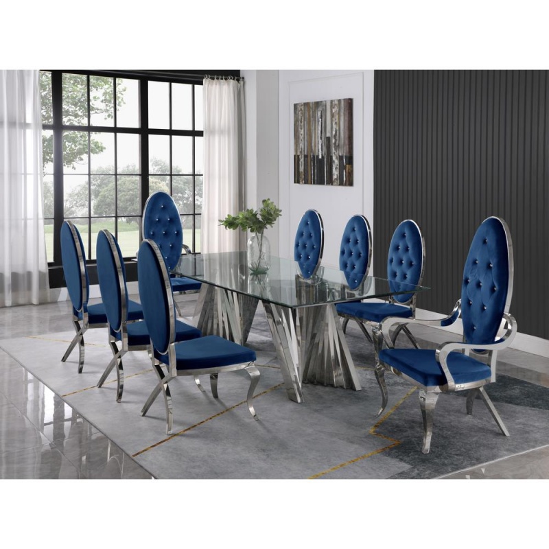 Classic 9Pc Dining Set W/Uph Tufted Side/Arm Chair, Glass Table W/ Silver Spiral Base, Navy Blue