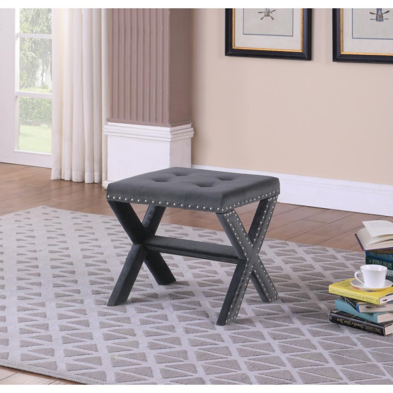 Velvet Fabric Upholstered Square Accent Bench In Gray