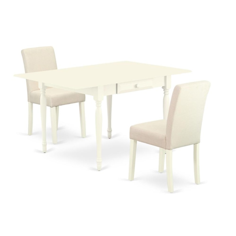 1Mzab3-Lwh-02 3Pc Dining Room Table Set Consists Of A Wood Dining Table And 2 Upholstered Dining Chairs With Light Beige Color Linen Fabric, Drop Leaf Table With Full Back Chairs, Linen White Finish