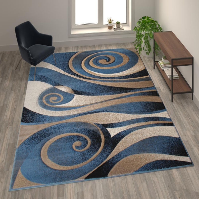 Coterie Collection 8' X 11' Modern Circular Patterned Indoor Area Rug - Blue And Beige Olefin Fibers With Jute Backing