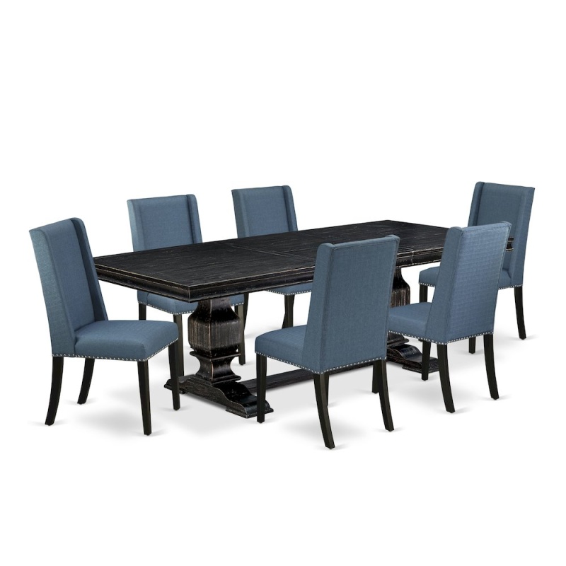 7 Piece Dining Room Set with Breakfast Table and 6 Linen Fabric Dining Chairs