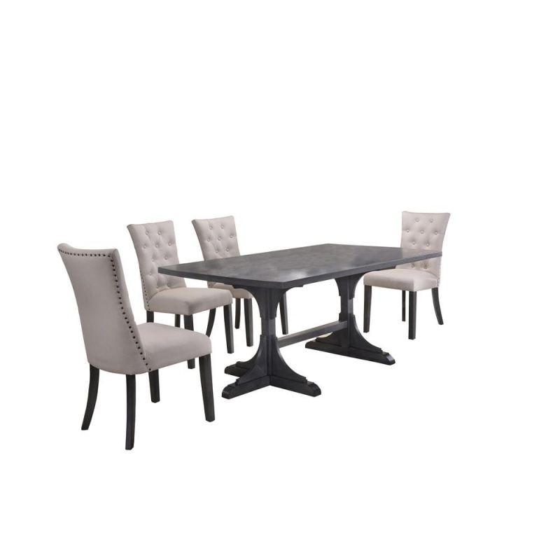 5 Piece Dining Set, Weathered Gray Dining Table & 5 Side Chairs In Beige Linen