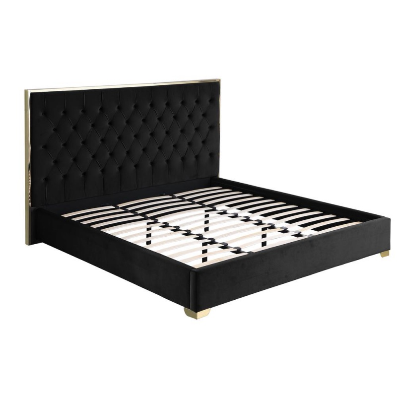 Kressa Velour Fabric Tufted Queen Platform Bed In Black/Gold