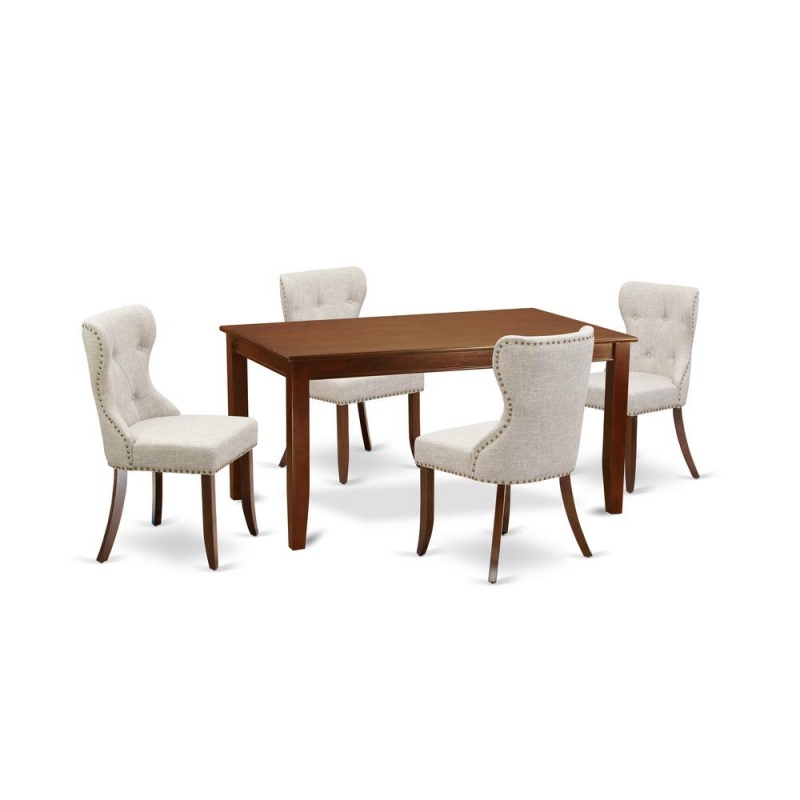 East-West Furniture Dusi5-Mah-35 - A Dining Set Of 4 Excellent Parson Chairs Using Linen Fabric Doeskin Color And A Beautiful Dining Table In Mahogany Finish