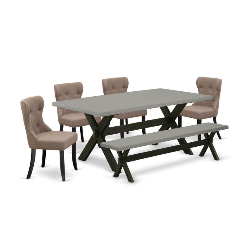 East West Furniture X697si648-6 6-Piece Dinette Room Set- 4 Parson Chairs With Coffee Linen Fabric Seat And Button Tufted Chair Back - Rectangular Top & Wooden Cross Legs Kitchen Table And Dining Benc
