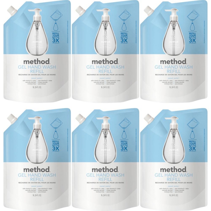 Method Gel Hand Soap Refill - Sweet Water Scentfor - 34 Fl Oz (1005.5 Ml) - Squeeze Bottle Dispenser - Hand - Clear - Triclosan-Free - 6 / Carton