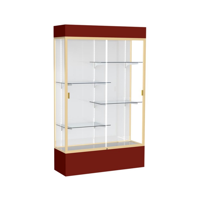 Spirit 48"W X 80"H X 16"D Lighted Floor Case, White Back, Champagne Finish, Maroon Base And Top