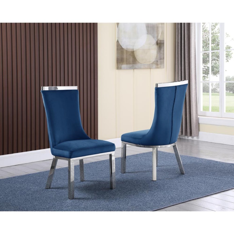 White Marble Lazy-Susan Dining Set Stainless Steel Chairs In Navy Blue Velvet