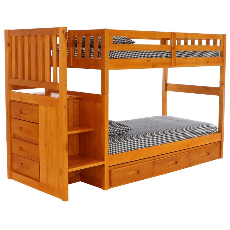 Os Home And Office Furniture Model Solid Pine Mission Staircase Twin Over Twin Bunk Bed With Seven Drawers In Warm Honey
