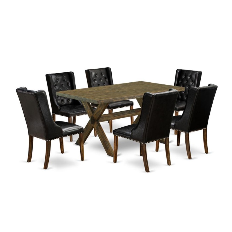 East West Furniture X776fo749-7 7 Piece Dining Room Set - 6 Black Pu Leather Dining Room Chair Button Tufted With Nail Heads And Wood Table - Distressed Jacobean Finish