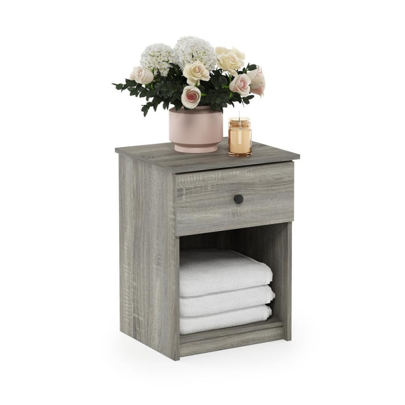 Furinno Lucca Nightstand With One Drawer, French Oak Grey