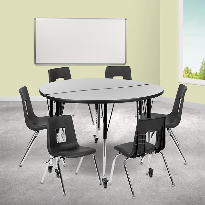 Mobile 47.5" Circle Wave Collaborative Laminate Activity Table Set With 16" Student Stack Chairs, Grey/Black