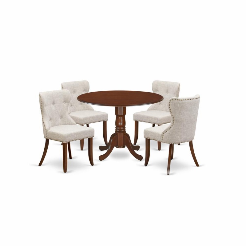 East-West Furniture Dlsi5-Mah-35 - A Dining Room Table Set Of 4 Amazing Kitchen Chairs Using Linen Fabric Doeskin Color And An Attractive Two 9" Drop Leaf Round Wooden Table In Mahogany Finish