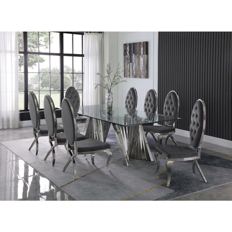 Classic 9Pc Dining Set W/Uph Tufted Side Chair, Glass Table W/ Silver Spiral Base, Dark Grey